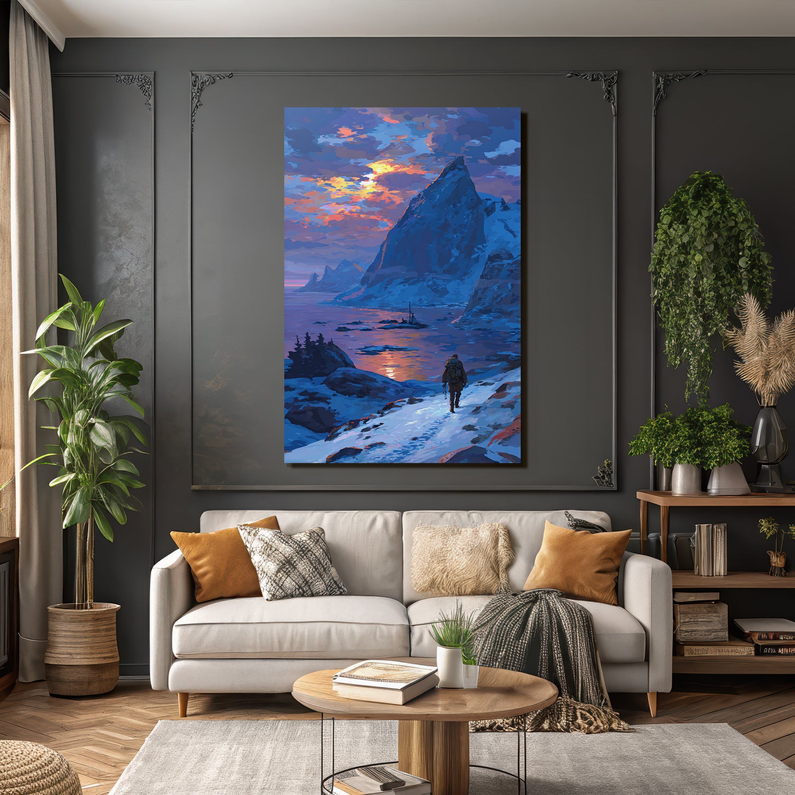 Polarlicht Schneepfad Im Sonnenaufgang Mit Berglandschaft Und Wasser | Fjorde und Gletscher | Landschaften
