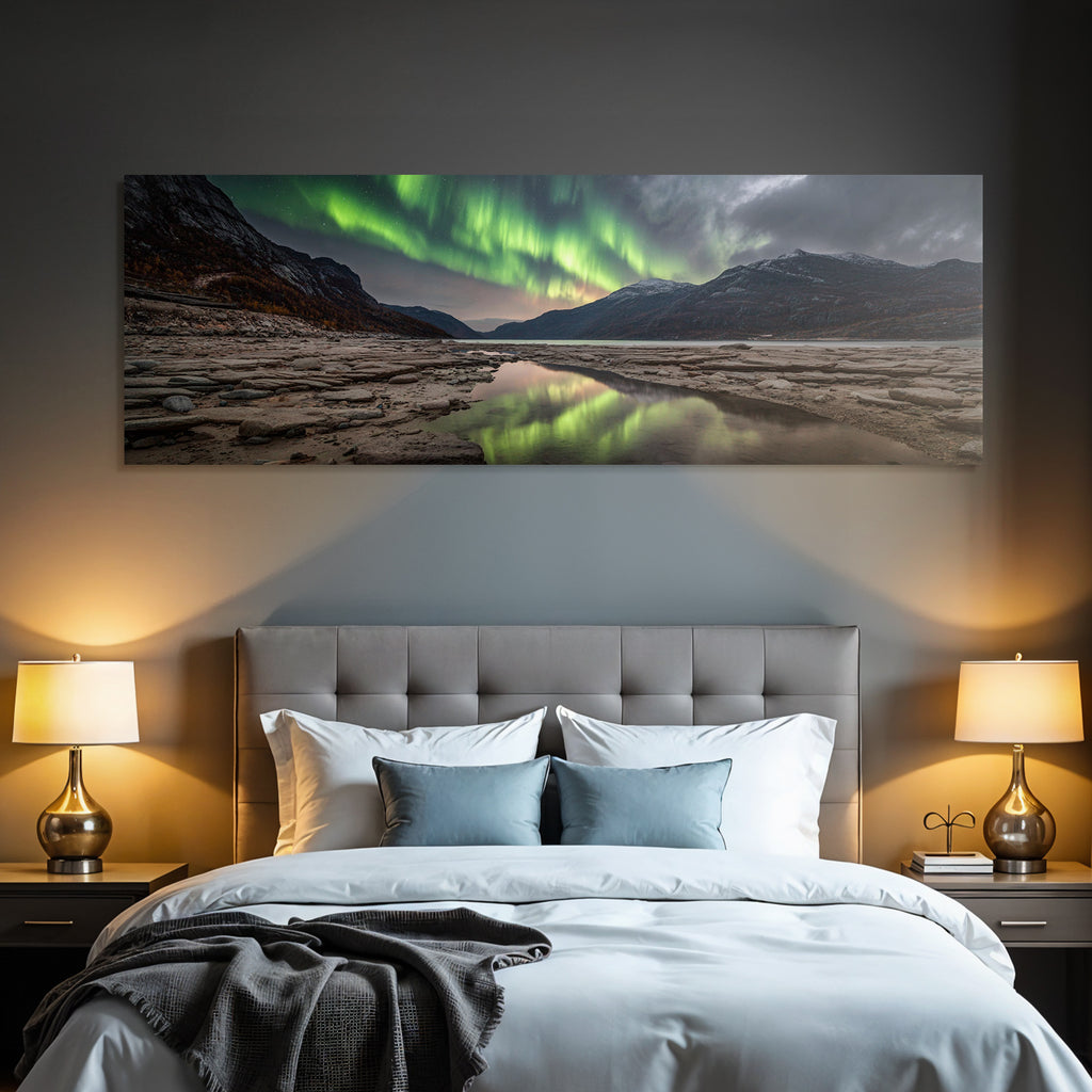 Polarlicht Aurora Borealis Bergend Spiegelung Natur Szene | Fjorde und Gletscher | Landschaften
