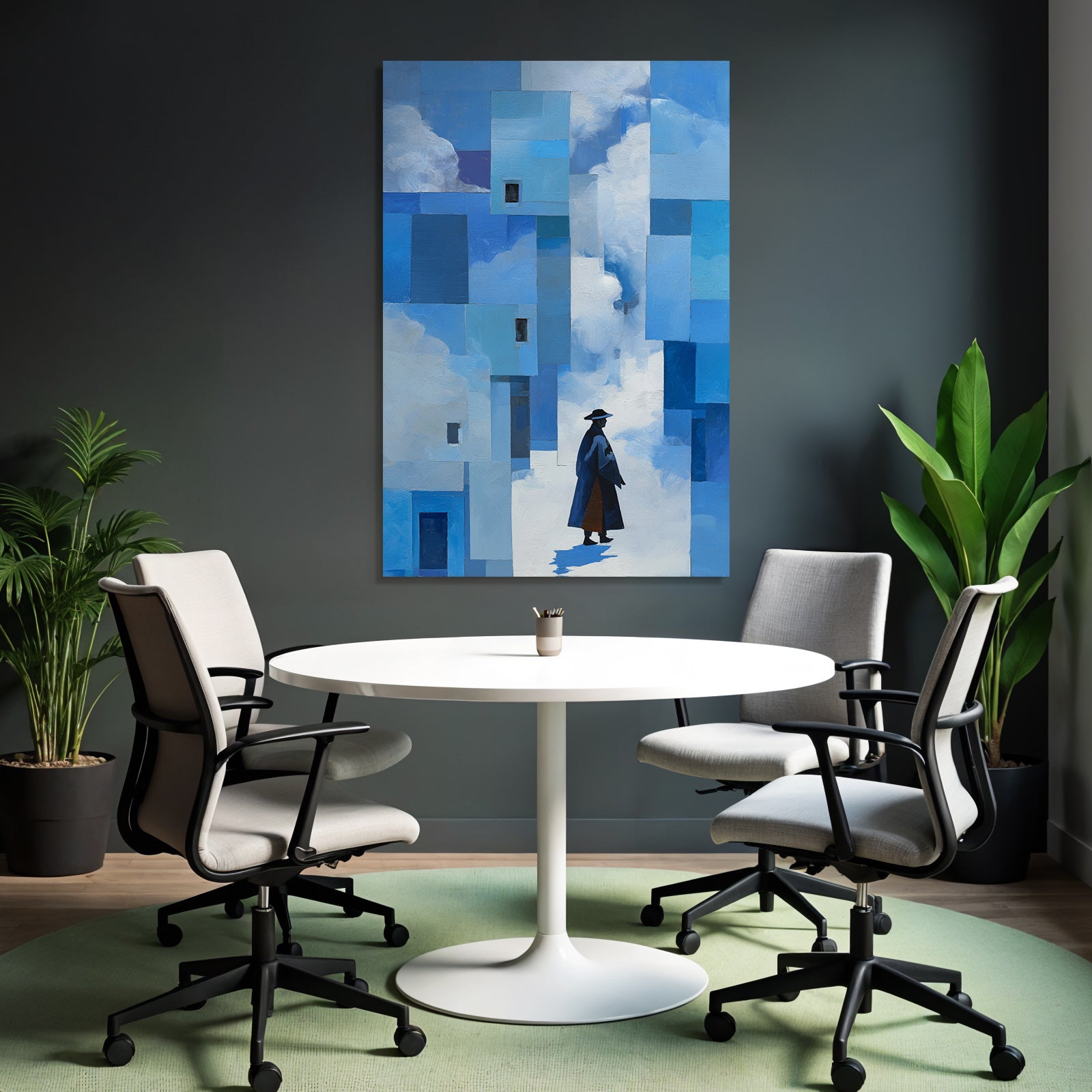 Yoga Meditation Gestalt In Dunklem Mantel Und Hut Auf Abstraktem Blaün Hintergrund | Yoga und Meditation | Themen und Hobbys