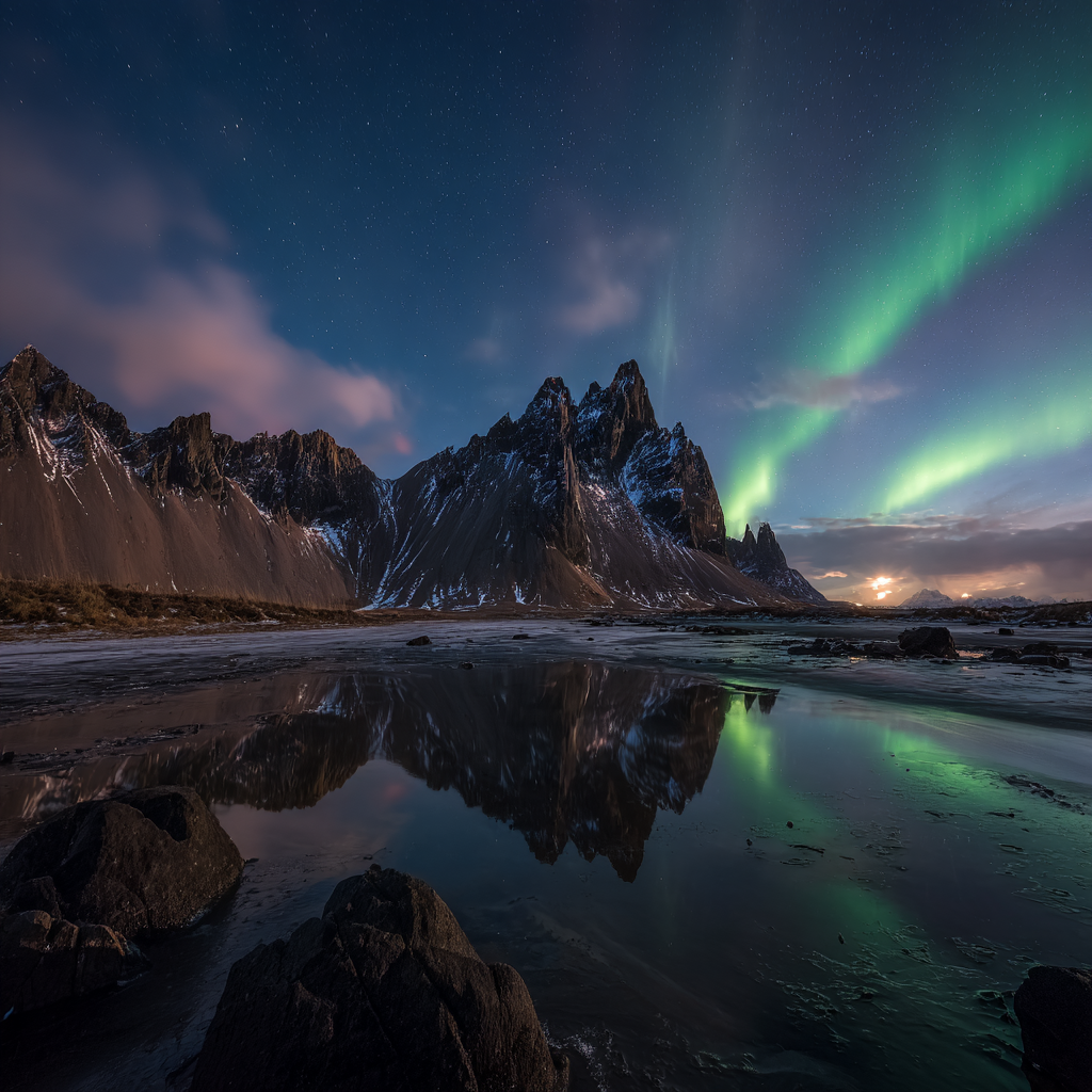Polarlicht Atemberaubende Naturlandschaft Mit Bergen Und Nordlichtern Reflektion Im Wasser | Fjorde und Gletscher | Landschaften