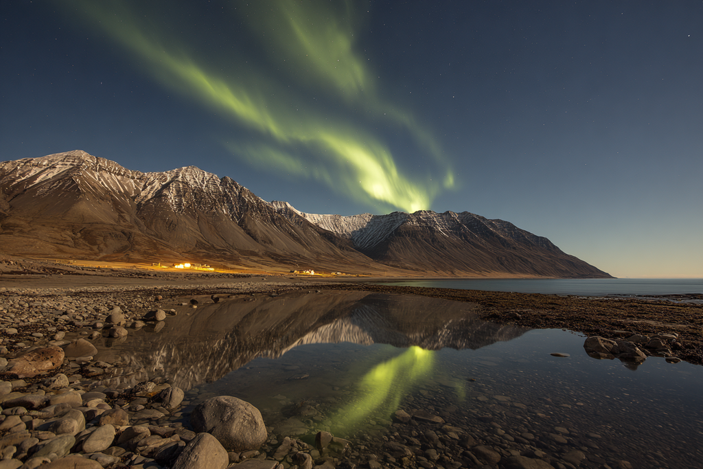 Polarlicht Nordlichter Reflektion Berge Und Wasser Schneebedeckt Ruhe | Fjorde und Gletscher | Landschaften
