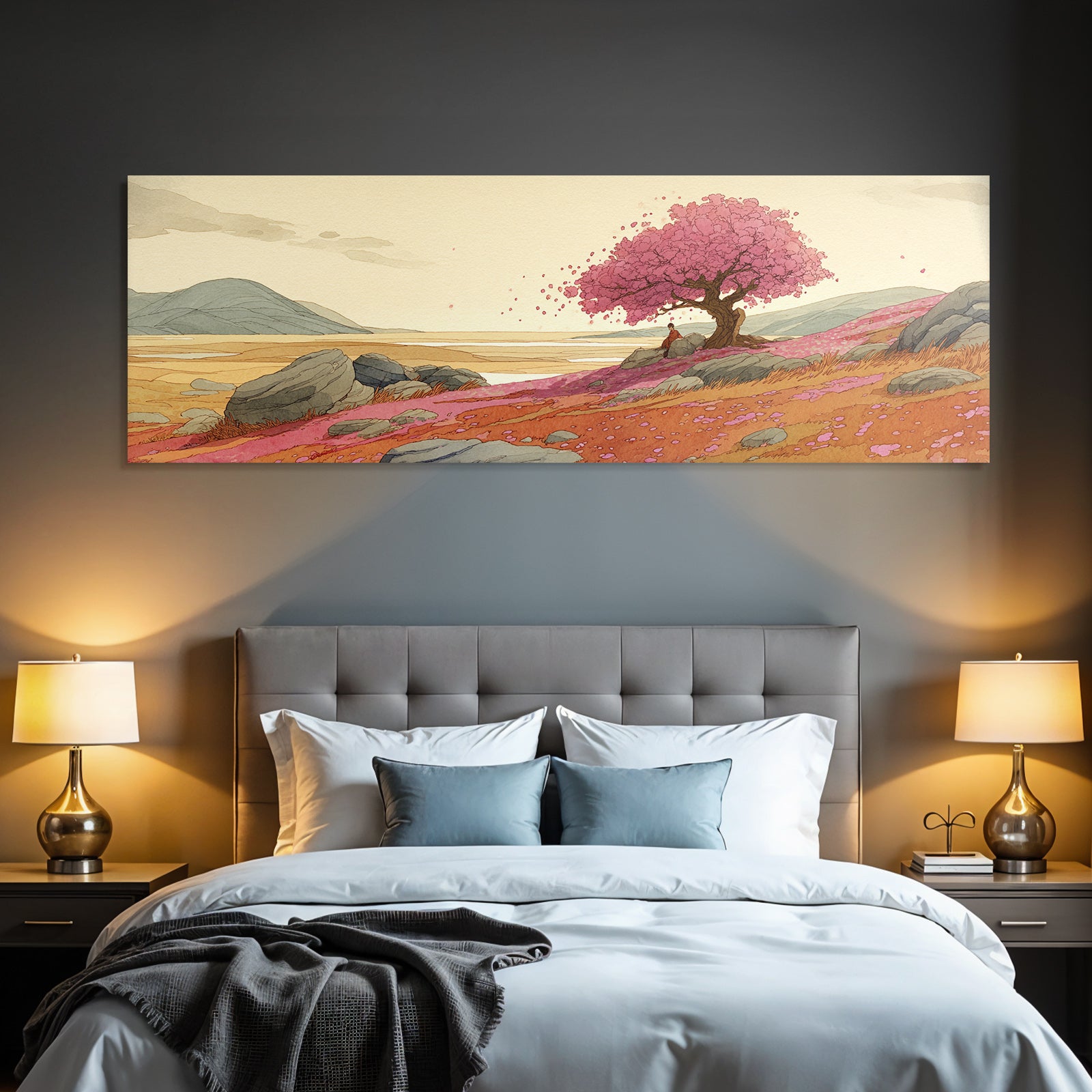Friedliche Landschaft Mit Kirschbaum Und Person Auf Felsen