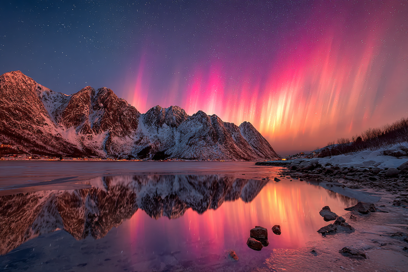 Polarlicht Schneebedeckte Berge Unter Nordlichter Und Reflektierendes Wasser | Fjorde und Gletscher | Landschaften