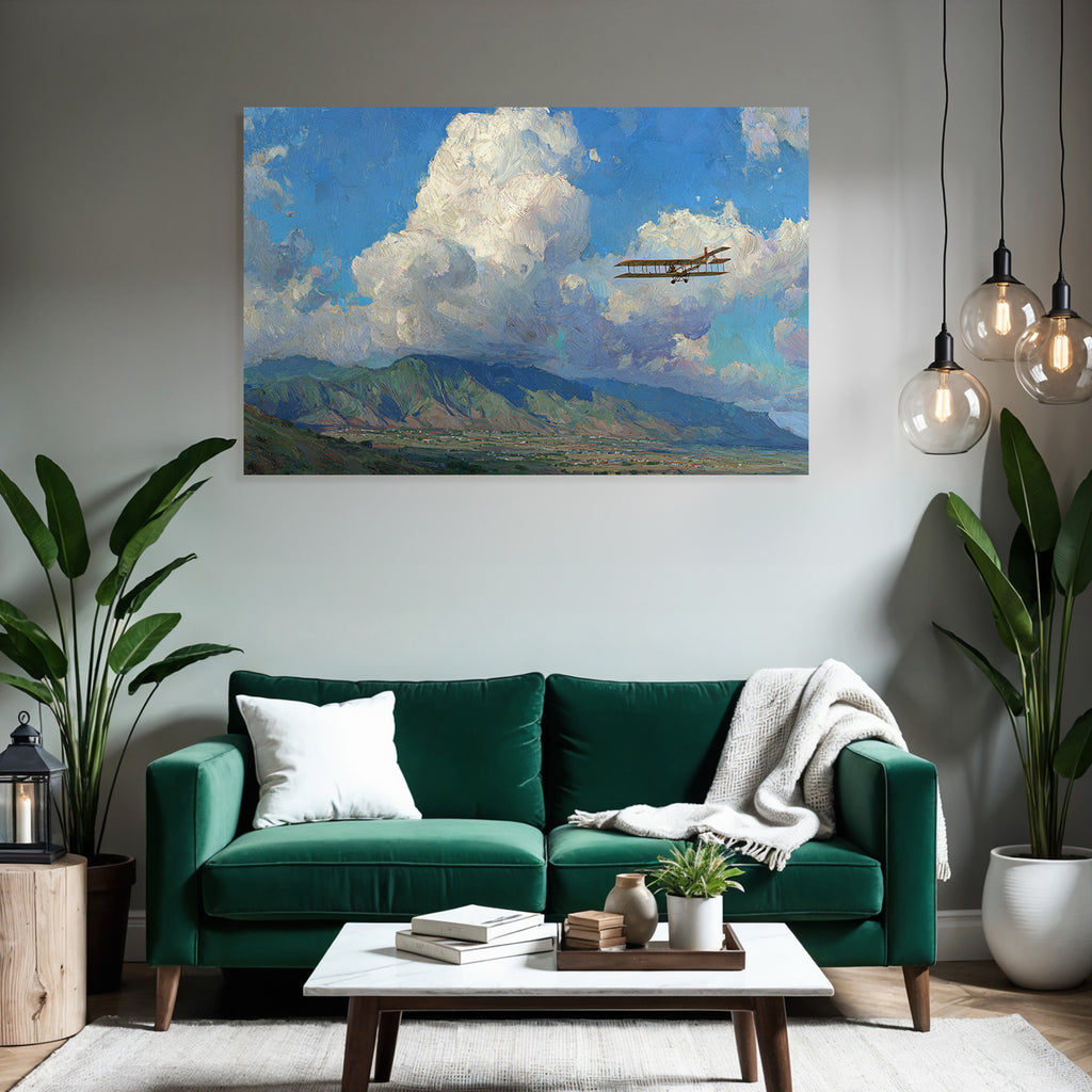 Vintage Biplan Flug Lebendige Himmel Mit Wolken Und Berge | Flugzeuge | Mobilitaet und Technik