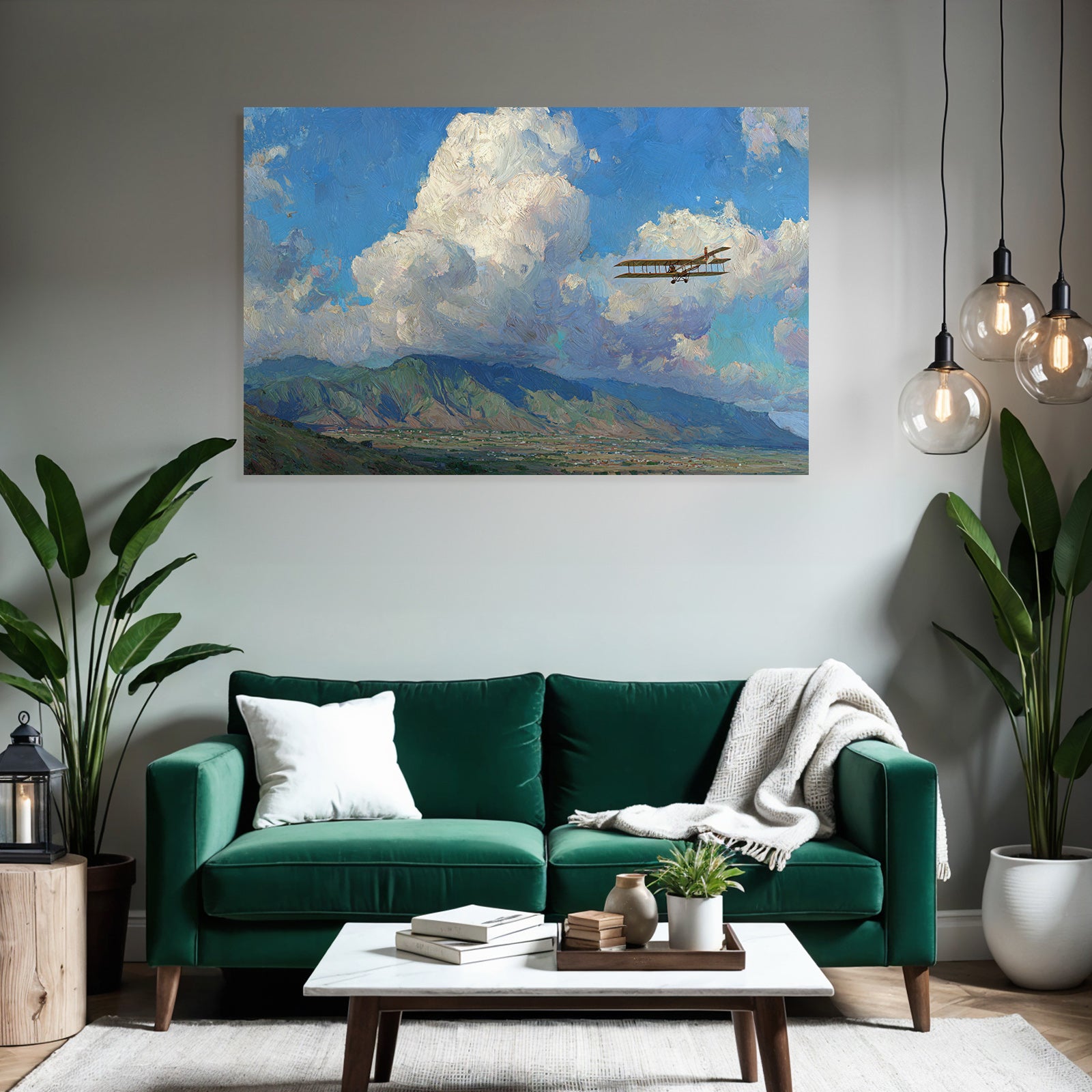 Vintage Biplan Flug Lebendige Himmel Mit Wolken Und Berge | Flugzeuge | Mobilitaet und Technik