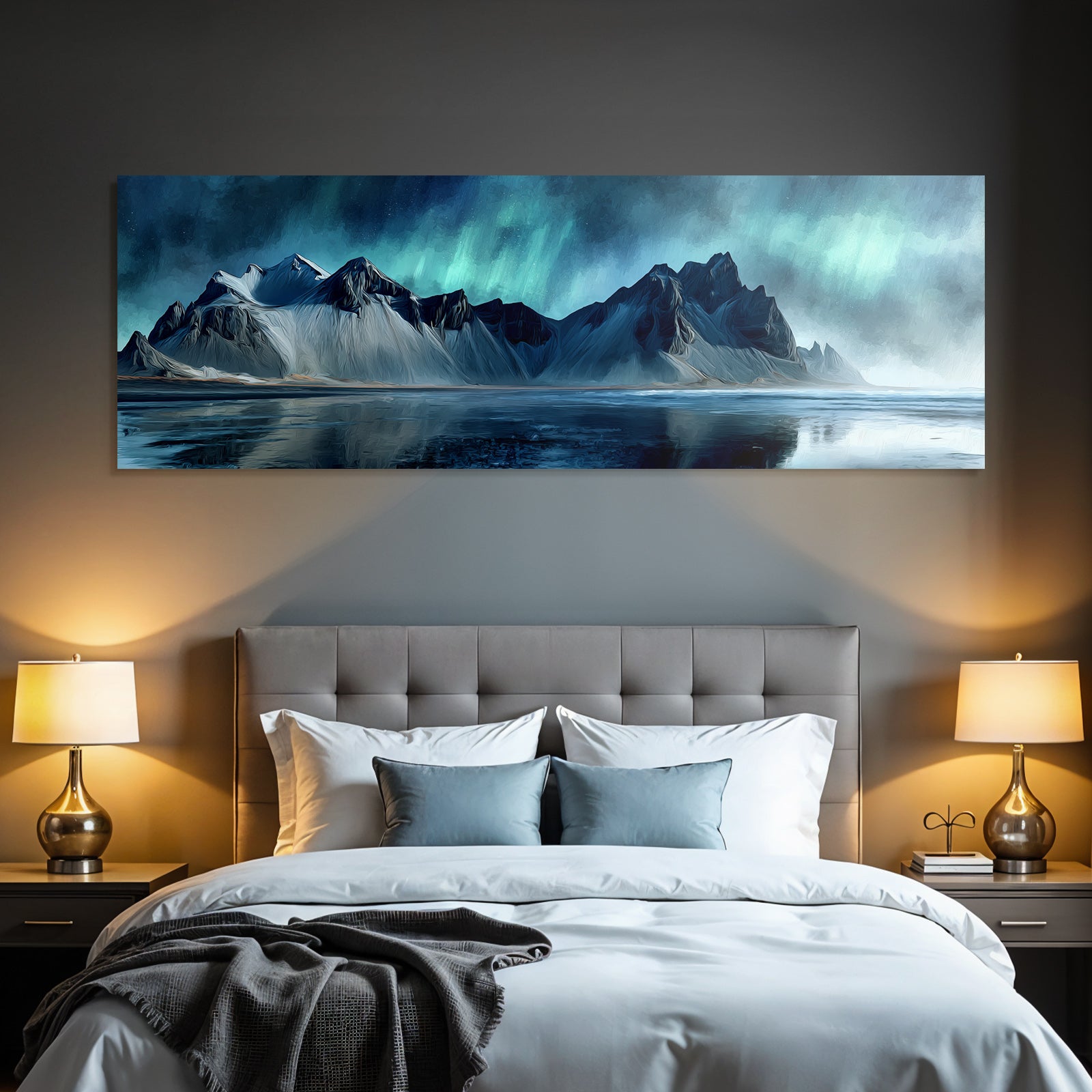 Polarlicht Dramatische Berge Unter Dem Nordlicht Reflektion Im Wasser | Fjorde und Gletscher | Landschaften