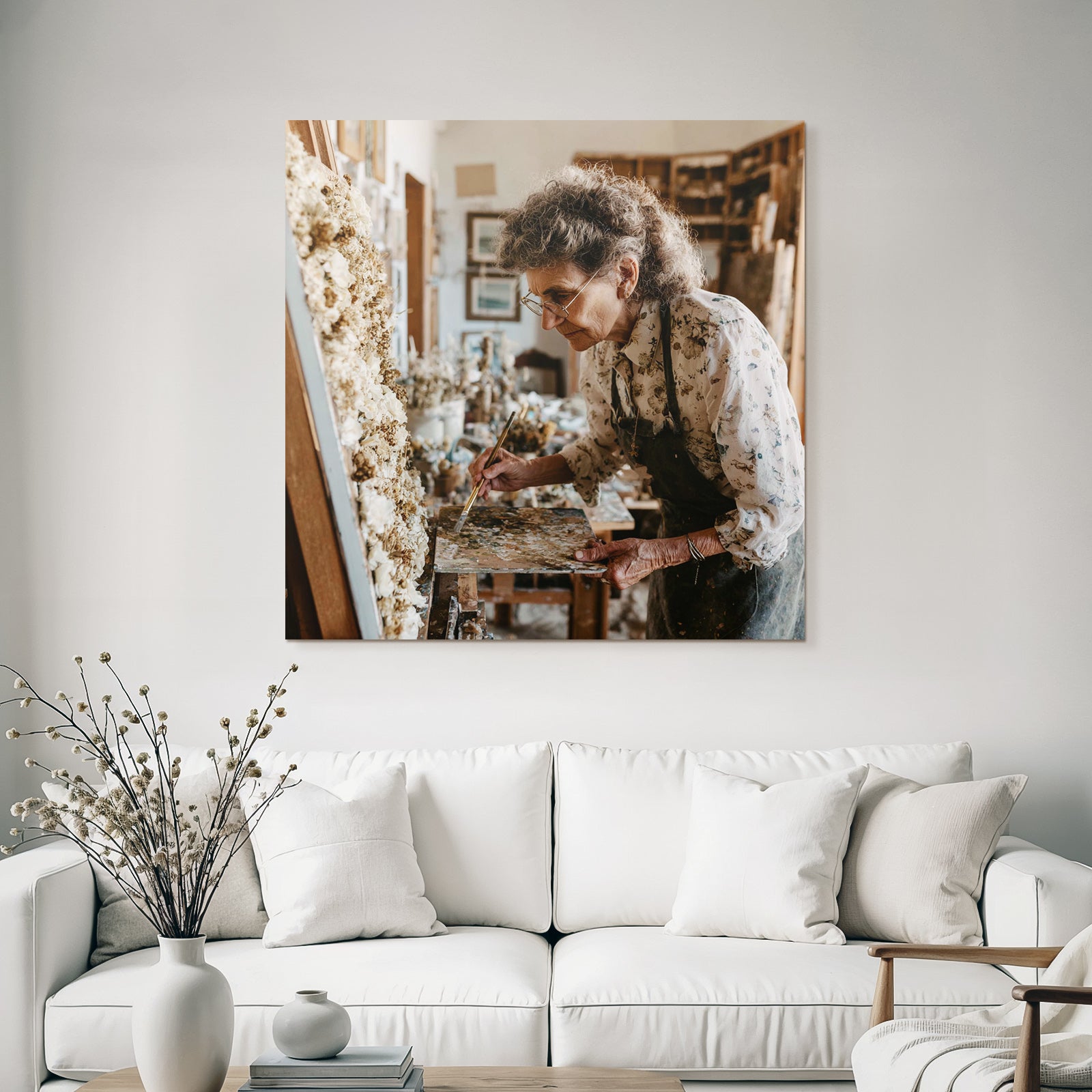Trocken Retro Flowers Ältere Frau In Einem Kunststudio Beim Malen