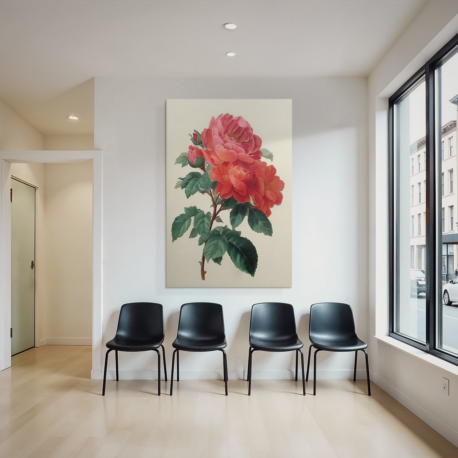 Botanische Illustration Roter Rosen Im Vollblute Mit Blütenknospen Und Grünen Blättern