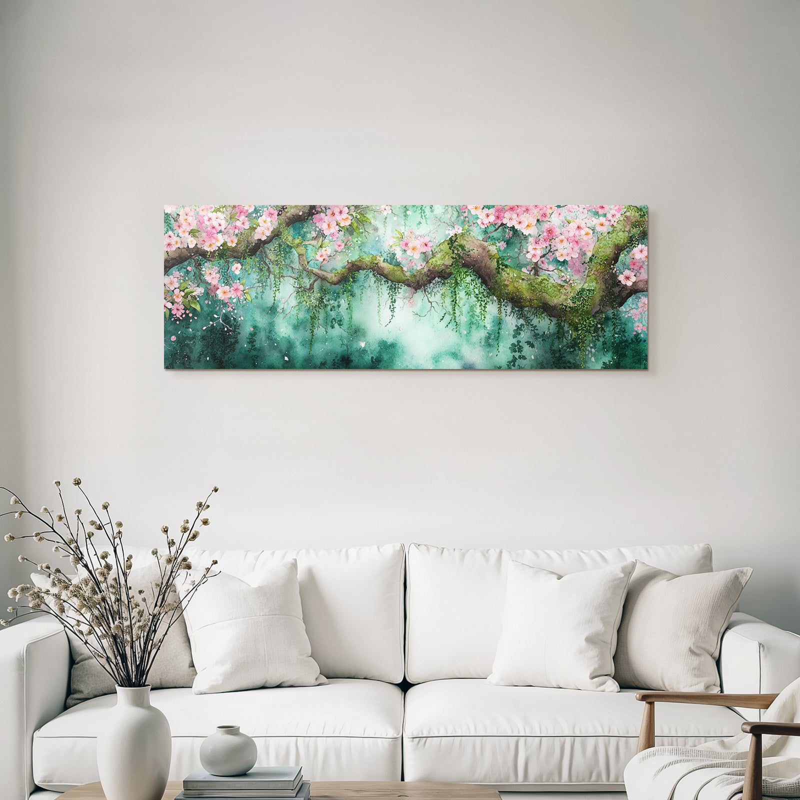 Aquarell Zweig Mit Rosa Kirschblüten Vor Grünblaüm Hintergrund